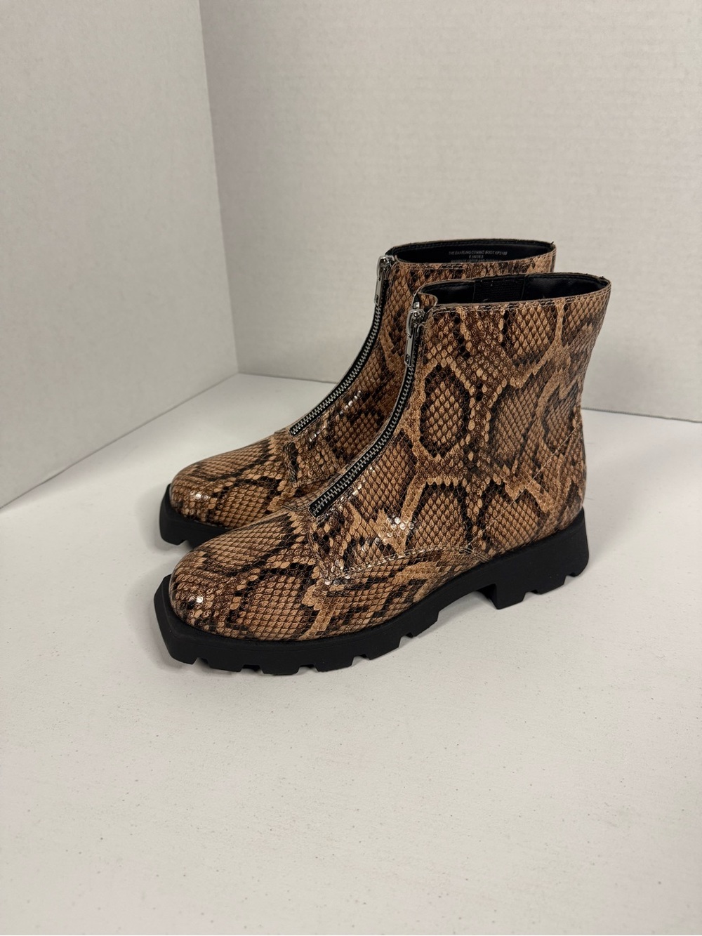Katy Perry Collections Brown Snake-Print Front Zip Lug Ankle Boots